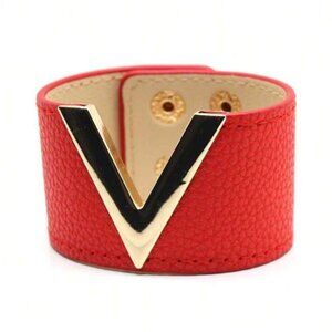 V Designer Leather Red Wide Wrap Gold Cuff Bracelet 7.5" in